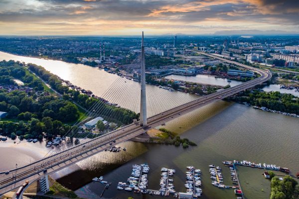 Aerial view of the Ada's bridge over Sava river. Belgrade, Serbia